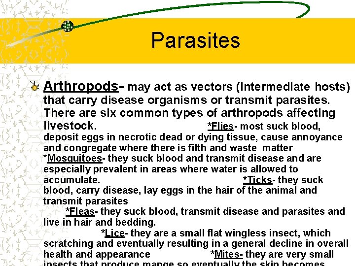 Parasites Arthropods- may act as vectors (intermediate hosts) that carry disease organisms or transmit