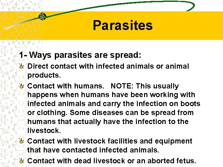 Parasites 1 - Ways parasites are spread: Direct contact with infected animals or animal