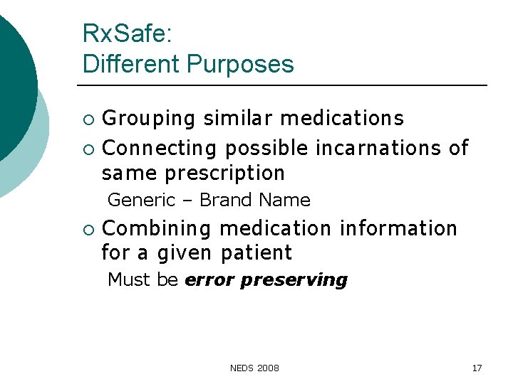 Rx. Safe: Different Purposes Grouping similar medications ¡ Connecting possible incarnations of same prescription