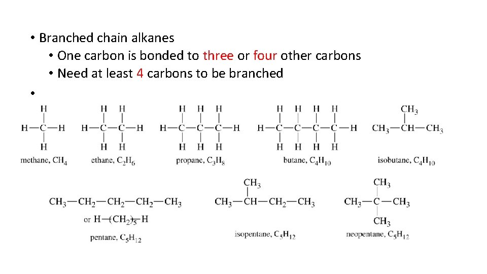  • Branched chain alkanes • One carbon is bonded to three or four