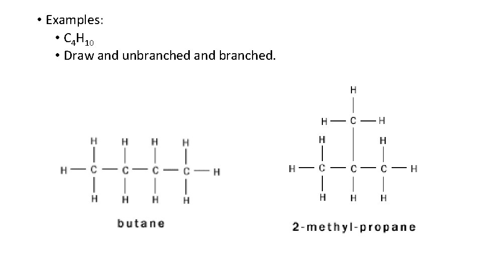  • Examples: • C 4 H 10 • Draw and unbranched and branched.