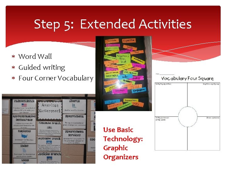 Step 5: Extended Activities Word Wall Guided writing Four Corner Vocabulary Use Basic Technology: Step 5: Extended Activities Word Wall Guided writing Four Corner Vocabulary Use Basic Technology: