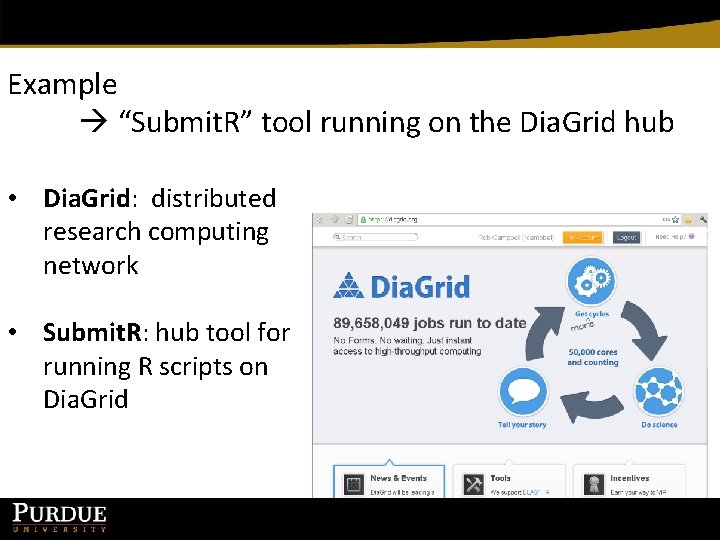 Example “Submit. R” tool running on the Dia. Grid hub • Dia. Grid: distributed