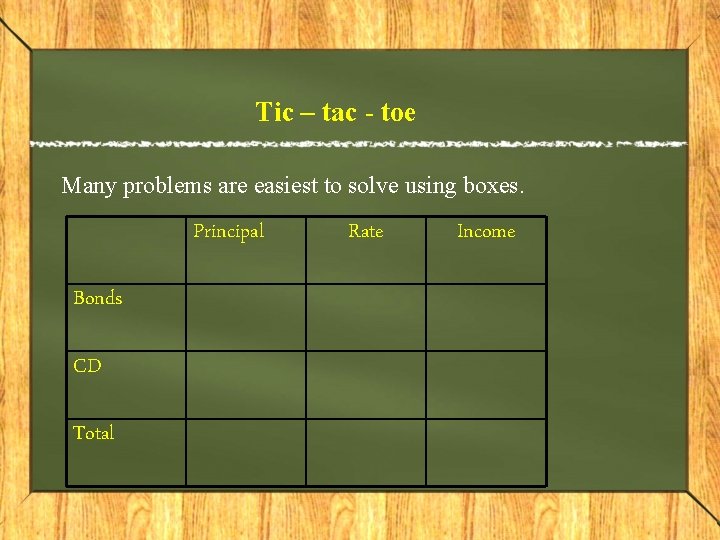 Tic – tac - toe Many problems are easiest to solve using boxes. Principal