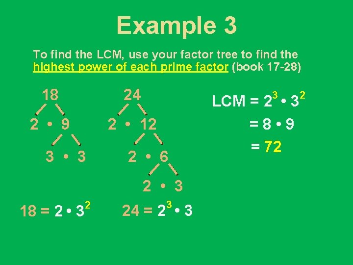 Example 3 To find the LCM, use your factor tree to find the highest