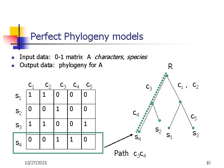 Perfect Phylogeny models n n Input data: 0 -1 matrix A characters, species Output