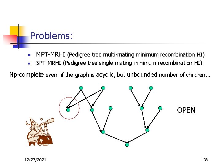 Problems: n MPT-MRHI (Pedigree tree multi-mating minimum recombination HI) n SPT-MRHI (Pedigree tree single-mating