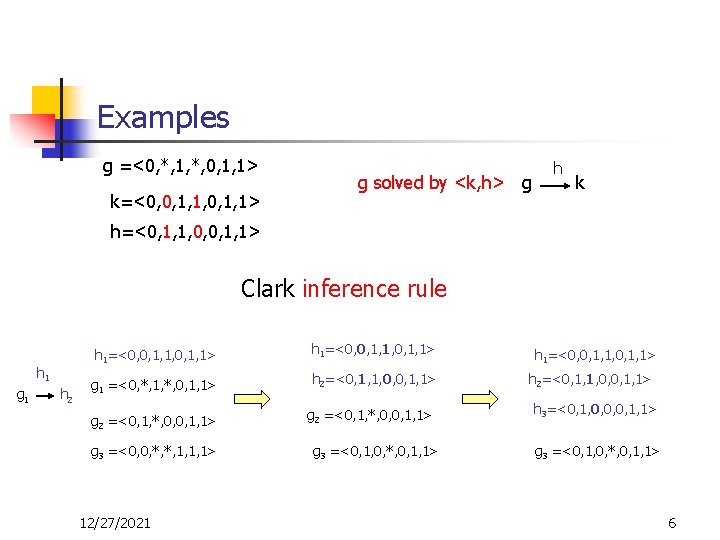 Examples g =<0, *, 1, *, 0, 1, 1> k=<0, 0, 1, 1> g