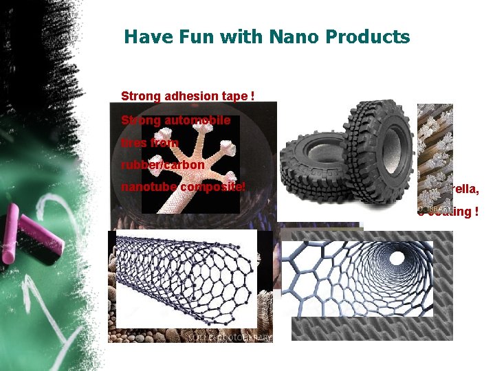 Have Fun with Nano Products Strong adhesion tape ! Strong automobile tires from rubber/carbon