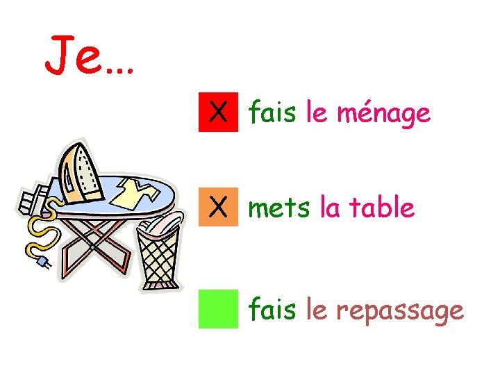 Je… X 1 fais le ménage X 2 mets la table 3 fais le