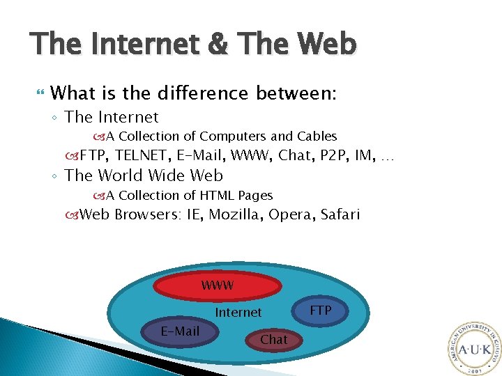 The Internet & The Web What is the difference between: ◦ The Internet A