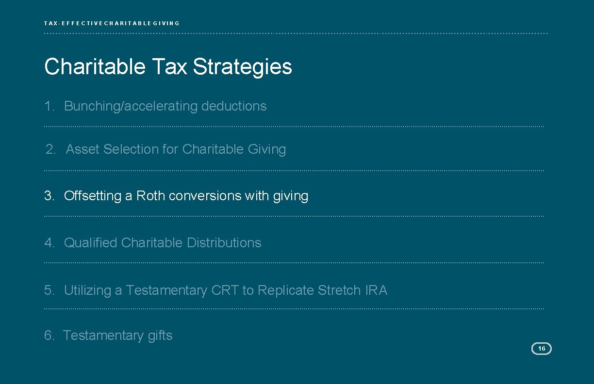 TAX-EFFECTIVE CHARITABLE GIVING Charitable Tax Strategies 1. Bunching/accelerating deductions 2. Asset Selection for Charitable