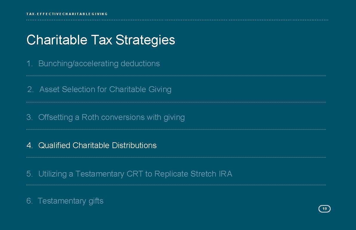 TAX-EFFECTIVE CHARITABLE GIVING Charitable Tax Strategies 1. Bunching/accelerating deductions 2. Asset Selection for Charitable