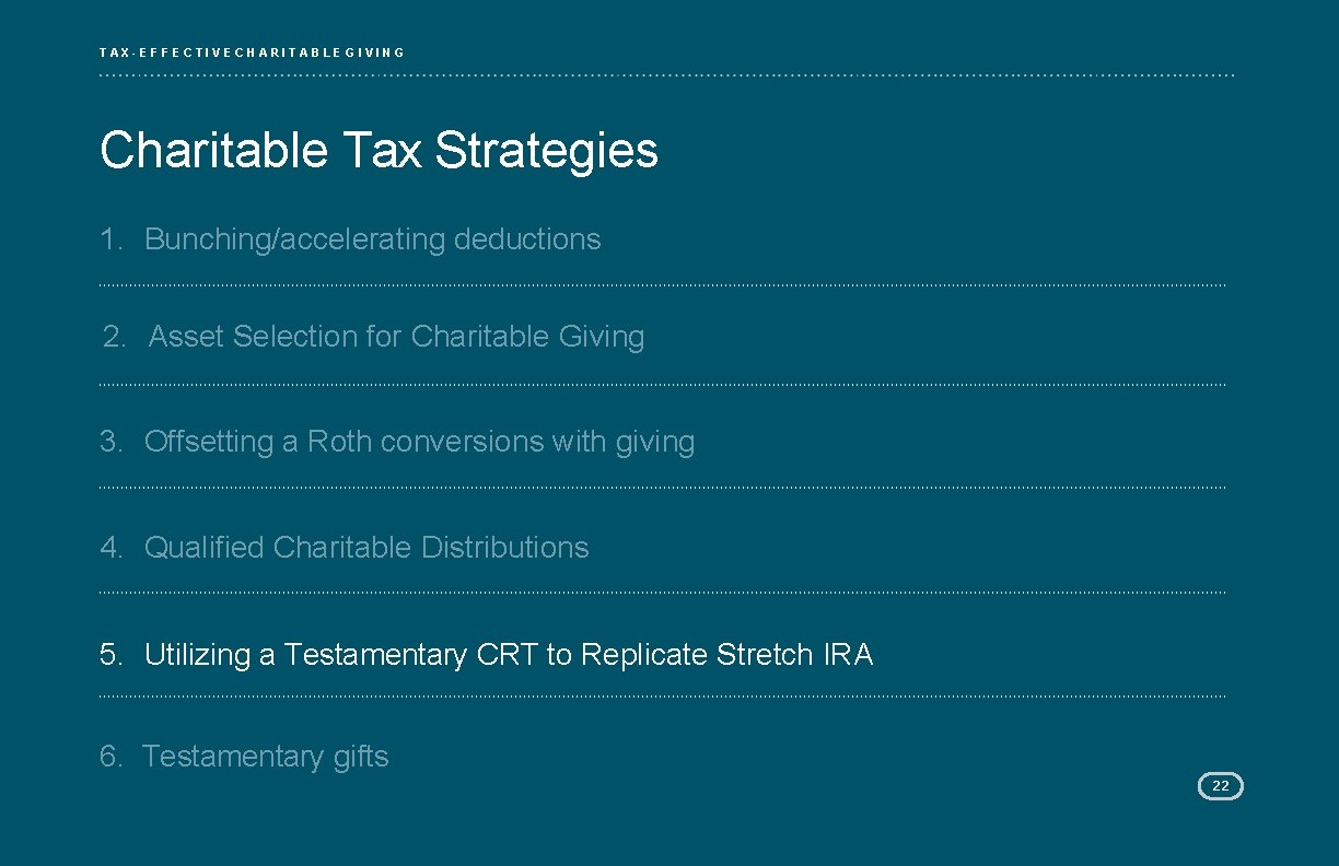 TAX-EFFECTIVE CHARITABLE GIVING Charitable Tax Strategies 1. Bunching/accelerating deductions 2. Asset Selection for Charitable