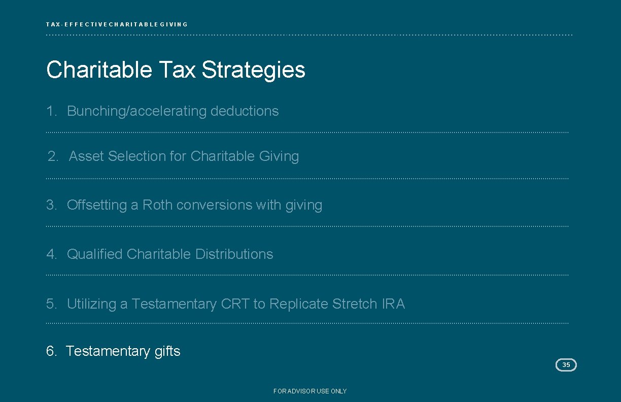 TAX-EFFECTIVE CHARITABLE GIVING Charitable Tax Strategies 1. Bunching/accelerating deductions 2. Asset Selection for Charitable