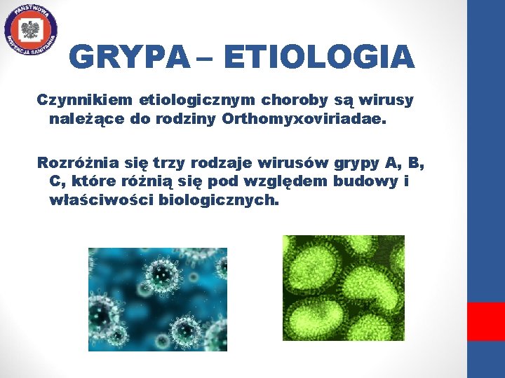 GRYPA – ETIOLOGIA Czynnikiem etiologicznym choroby są wirusy należące do rodziny Orthomyxoviriadae. Rozróżnia się