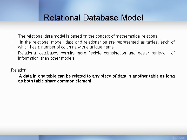 Relational Database Model • • • The relational data model is based on the Relational Database Model • • • The relational data model is based on the