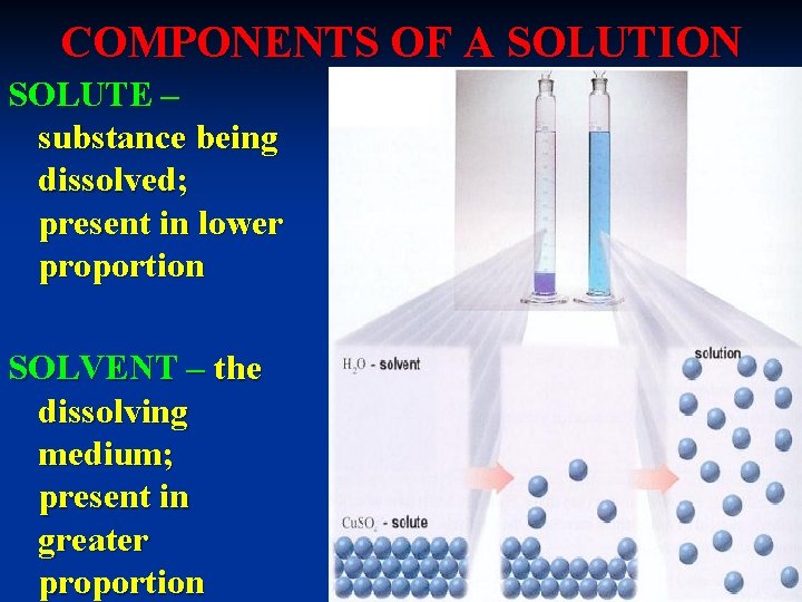 COMPONENTS OF A SOLUTION SOLUTE – substance being dissolved; present in lower proportion SOLVENT