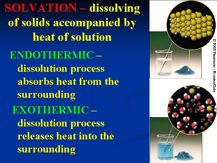 SOLVATION – dissolving of solids accompanied by heat of solution ENDOTHERMIC – dissolution process