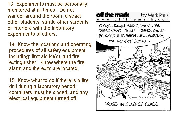 13. Experiments must be personally monitored at all times. Do not wander around the