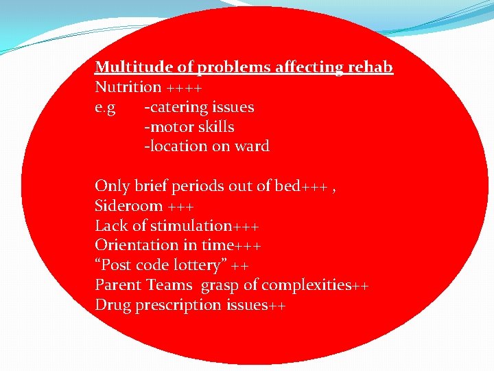 Multitude of problems affecting rehab Nutrition ++++ e. g -catering issues -motor skills -location