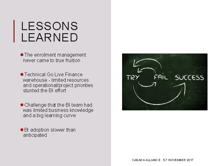 LESSONS LEARNED The enrolment management never came to true fruition Technical Go Live Finance