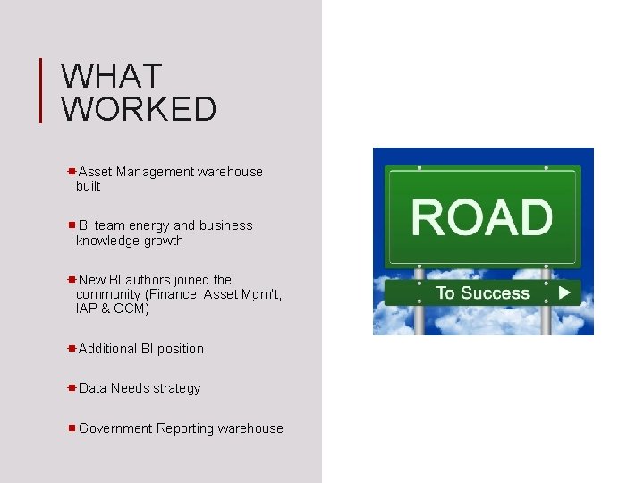 WHAT WORKED Asset Management warehouse built BI team energy and business knowledge growth New