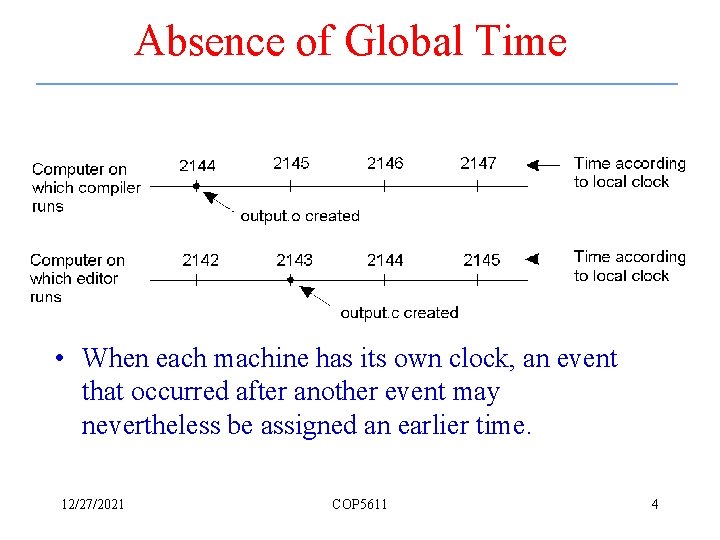 Absence of Global Time • When each machine has its own clock, an event