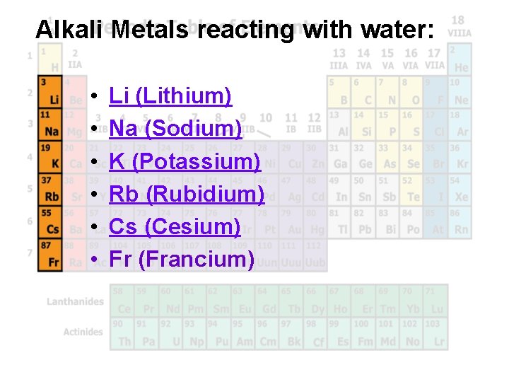 Alkali Metals reacting with water: • • • Li (Lithium) Na (Sodium) K (Potassium)