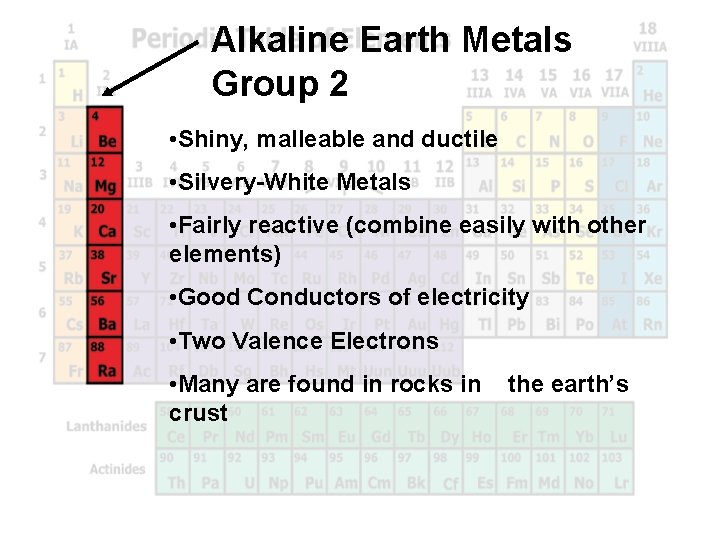 Alkaline Earth Metals Group 2 • Shiny, malleable and ductile • Silvery-White Metals •