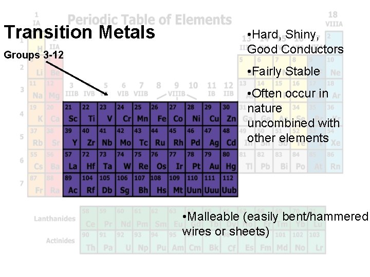 Transition Metals Groups 3 -12 • Hard, Shiny, Good Conductors • Fairly Stable •