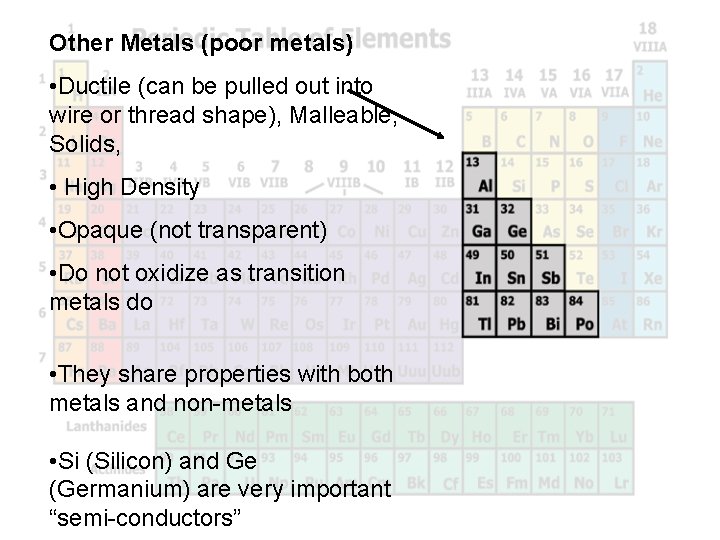 Other Metals (poor metals) • Ductile (can be pulled out into wire or thread