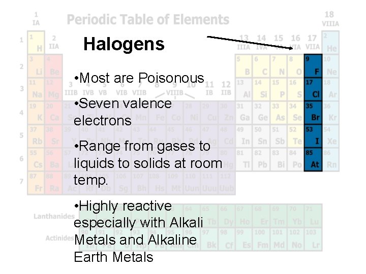 Halogens • Most are Poisonous • Seven valence electrons • Range from gases to