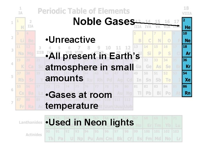 Noble Gases • Unreactive • All present in Earth’s atmosphere in small amounts •
