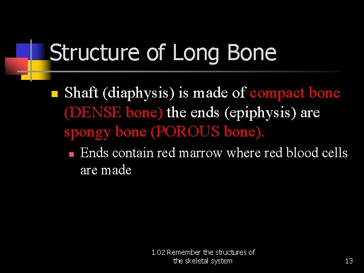 Structure of Long Bone n Shaft (diaphysis) is made of compact bone (DENSE bone)
