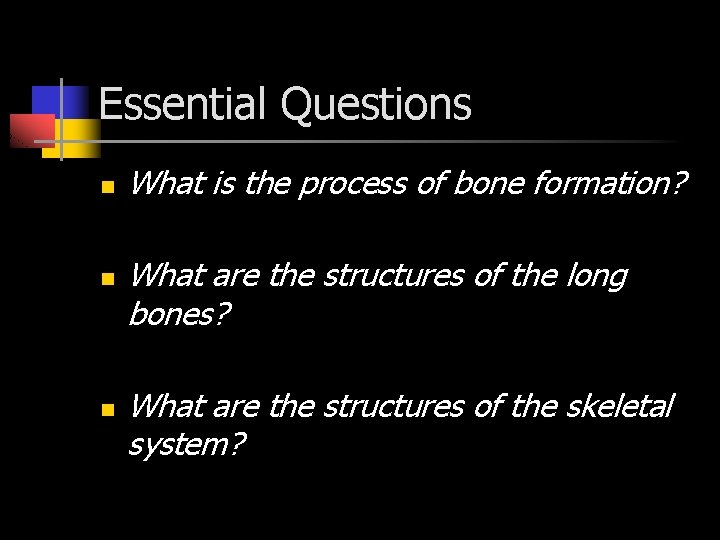 Essential Questions n n n What is the process of bone formation? What are