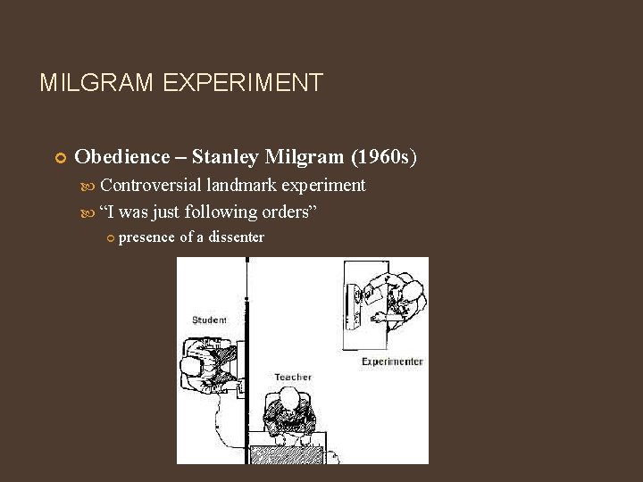 MILGRAM EXPERIMENT Obedience – Stanley Milgram (1960 s) Controversial landmark experiment “I was just