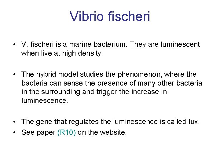 Vibrio fischeri • V. fischeri is a marine bacterium. They are luminescent when live