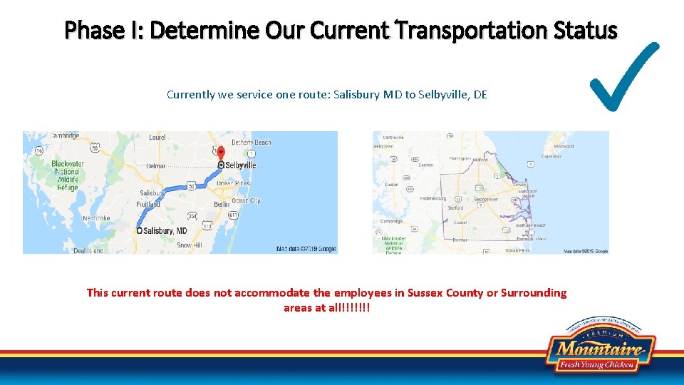 Phase I: Determine Our Current Transportation Status Currently we service one route: Salisbury MD