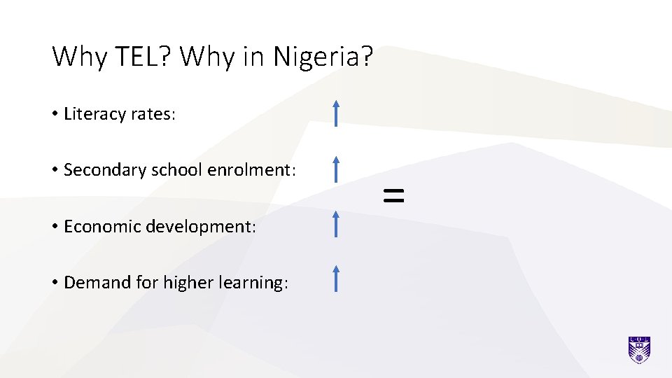 Why TEL? Why in Nigeria? • Literacy rates: • Secondary school enrolment: • Economic