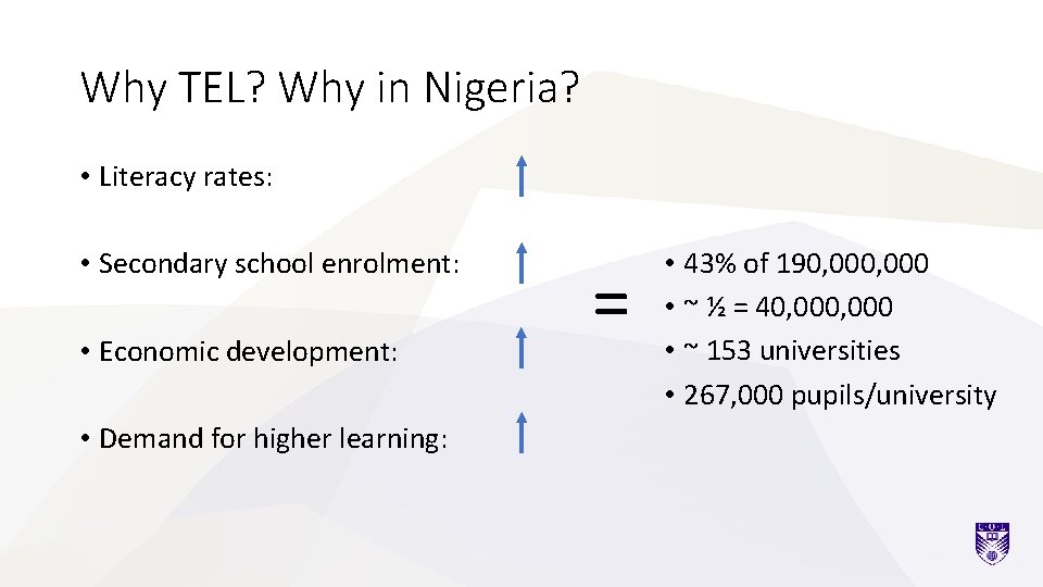 Why TEL? Why in Nigeria? • Literacy rates: • Secondary school enrolment: • Economic