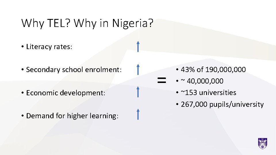 Why TEL? Why in Nigeria? • Literacy rates: • Secondary school enrolment: • Economic