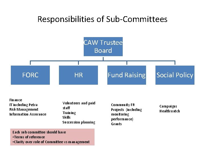Responsibilities of Sub-Committees CAW Trustee Board FORC Finance IT including Petra Risk Management Information