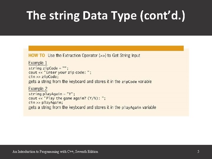 The string Data Type (cont’d. ) An Introduction to Programming with C++, Seventh Edition The string Data Type (cont’d. ) An Introduction to Programming with C++, Seventh Edition