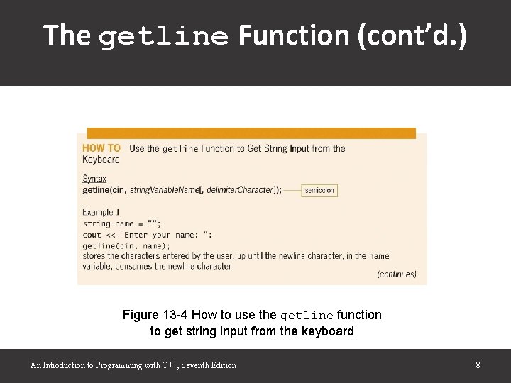 The getline Function (cont’d. ) Figure 13 -4 How to use the getline function The getline Function (cont’d. ) Figure 13 -4 How to use the getline function
