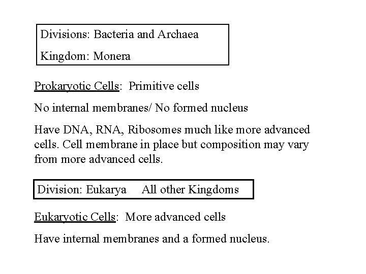 Divisions: Bacteria and Archaea Kingdom: Monera Prokaryotic Cells: Primitive cells No internal membranes/ No