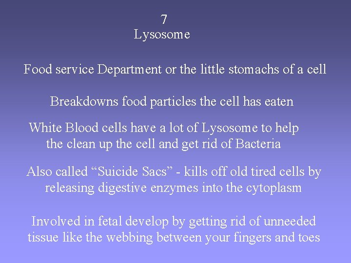 7 Lysosome Food service Department or the little stomachs of a cell Breakdowns food
