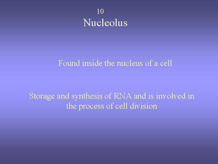 10 Nucleolus Found inside the nucleus of a cell Storage and synthesis of RNA