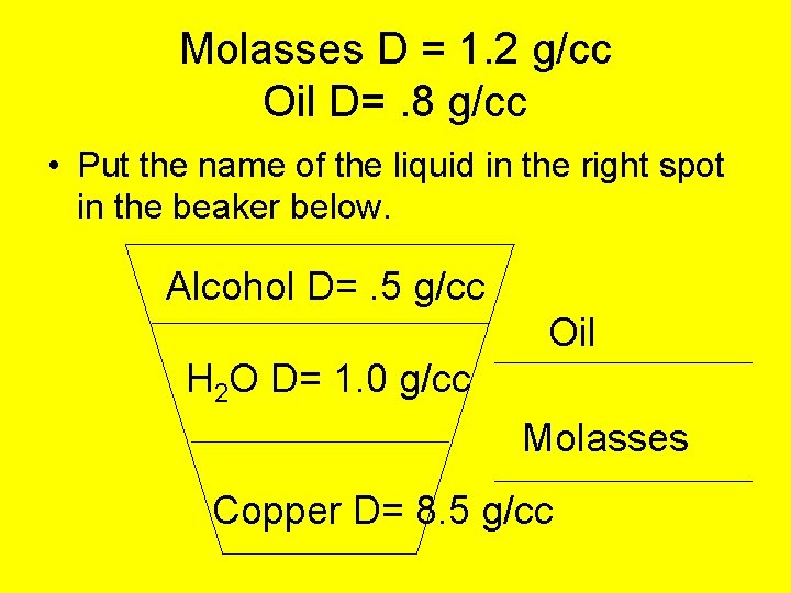 Molasses D = 1. 2 g/cc Oil D=. 8 g/cc • Put the name