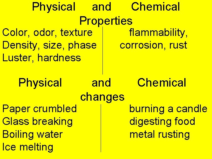 Physical and Chemical Properties Color, odor, texture Density, size, phase Luster, hardness Physical Paper